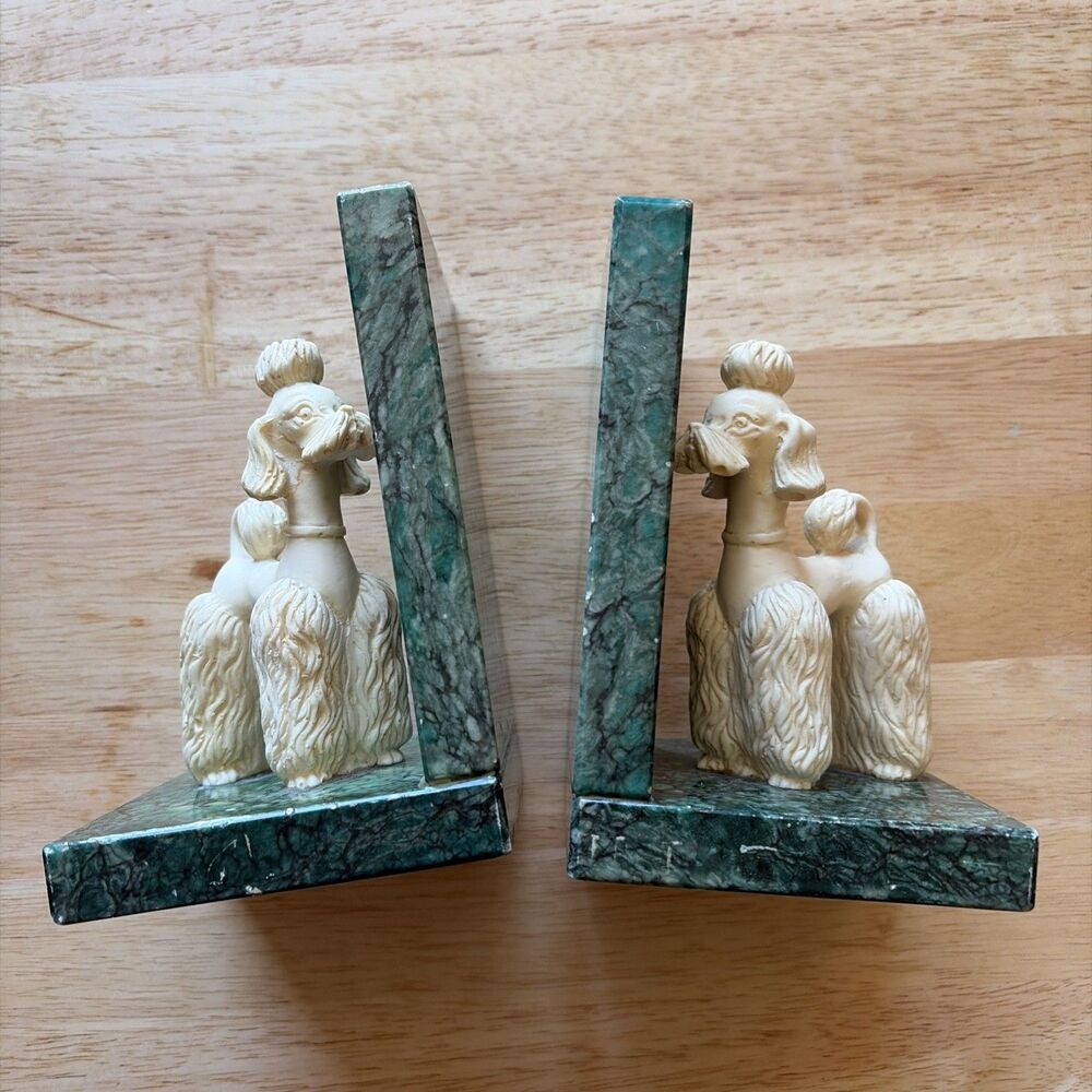 Vtg MCM Nora Fenton Italian Alabaster Poodle Bookends Green Stone Italy Pair